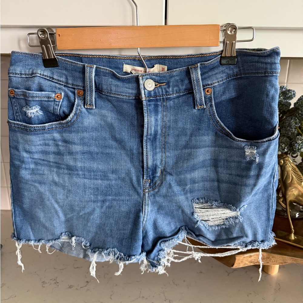 Levi's light blue distressed denim cut-off shorts